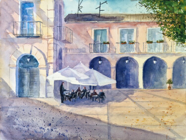 Painting titled "Spanish patio" by Anastassiya Suslova, Original Artwork, Watercolor Mounted on Cardboard