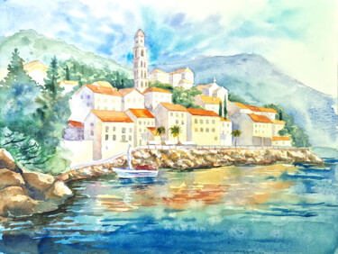 「Hvar island, Croatia」というタイトルの絵画 Anastassiya Suslovaによって, オリジナルのアートワーク, 水彩画 段ボールにマウント