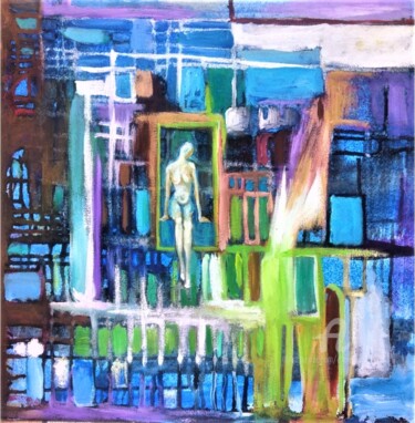 Painting titled "city from the window" by Anastazija Vidmar, Original Artwork, Acrylic Mounted on Wood Stretcher frame
