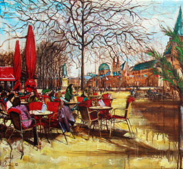 Schilderij getiteld "Cafe In Den Haag" door Anat, Origineel Kunstwerk, Olie