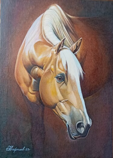 Картина под названием "голова  лошади" - Anatoli Caftaev, Подлинное произведение искусства, Масло Установлен на Деревянная р…