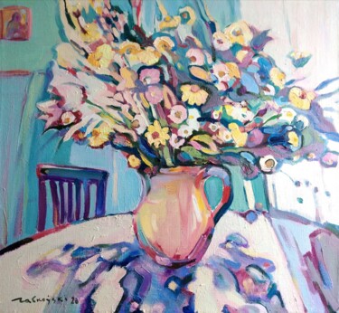 Painting titled "Morning flowers" by Anatoli Labkouski, Original Artwork, Oil Mounted on Wood Stretcher frame