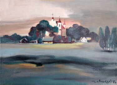 Painting titled "Old Church" by Anatoli Labkouski, Original Artwork, Oil Mounted on Wood Stretcher frame