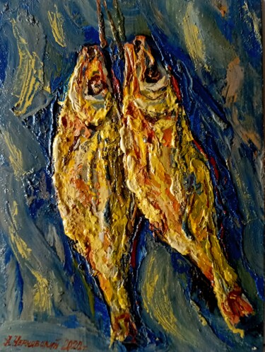 Schilderij getiteld "Рыбки на синем фоне." door Anatolii Cherniavckyi, Origineel Kunstwerk, Olie