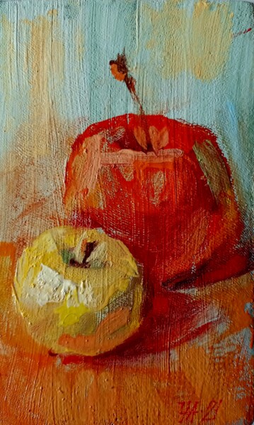 Painting titled "Два яблока в вертик…" by Anatolii Cherniavckyi, Original Artwork, Oil