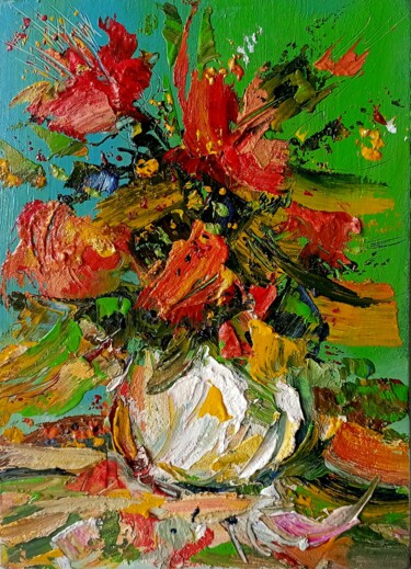 Картина под названием "Маки в белой вазе." - Anatolii Cherniavckyi, Подлинное произведение искусства, Масло