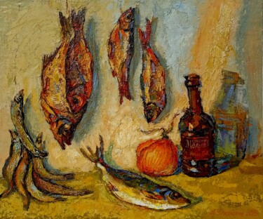 Картина под названием "Натюрморт с рыбами" - Anatolii Cherniavckyi, Подлинное произведение искусства, Масло
