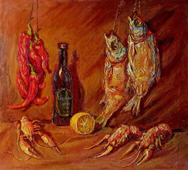 Peinture intitulée "Натюрморт с рыбами…" par Anatolii Cherniavckyi, Œuvre d'art originale, Huile