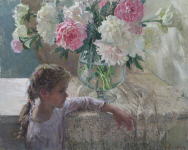 Malerei mit dem Titel "Girl and peonies" von Anatolii Korobkin, Original-Kunstwerk, Öl
