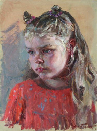 Peinture intitulée "Girl in the pink dr…" par Anatolii Korobkin, Œuvre d'art originale, Huile