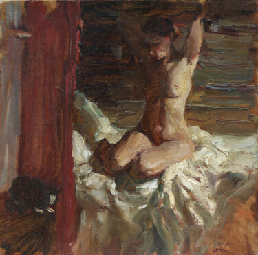 Painting titled "Nude in the evening…" by Anatolii Korobkin, Original Artwork, Oil Mounted on Wood Panel