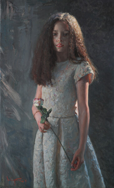 Painting titled "Helen" by Anatolii Korobkin, Original Artwork, Oil Mounted on Wood Stretcher frame