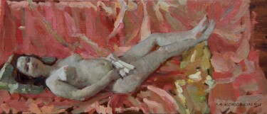 Painting titled "Nude on red" by Anatolii Korobkin, Original Artwork, Oil Mounted on Wood Panel