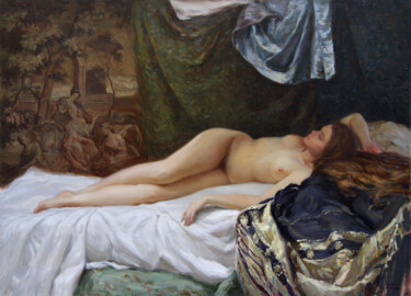 Картина под названием "Nude on tapestry ba…" - Анатолий Коробкин, Подлинное произведение искусства, Масло
