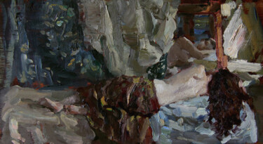 Painting titled "Nude before the mir…" by Anatolii Korobkin, Original Artwork, Oil Mounted on Wood Panel