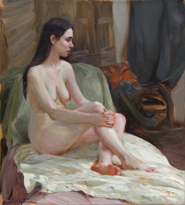 Painting titled "Nude model" by Anatolii Korobkin, Original Artwork, Oil Mounted on Wood Stretcher frame