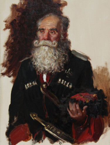 Painting titled "Old Coussack" by Anatolii Korobkin, Original Artwork, Oil Mounted on Wood Stretcher frame