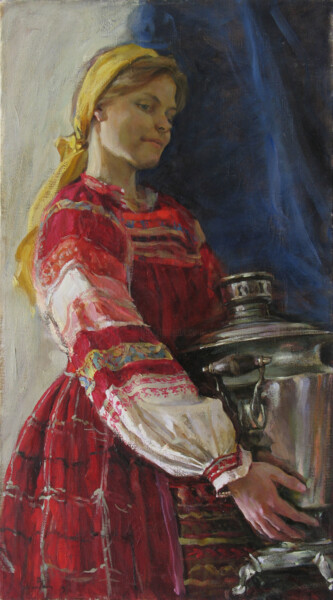 Painting titled "Girl with samovar" by Anatolii Korobkin, Original Artwork, Oil