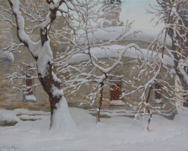 Картина под названием "Near the church" - Анатолий Коробкин, Подлинное произведение искусства, Масло