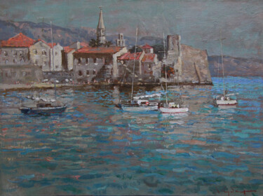 Painting titled "Yachts on the sea" by Anatolii Korobkin, Original Artwork, Oil