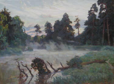 Schilderij getiteld "Lake" door Anatolii Korobkin, Origineel Kunstwerk, Anders Gemonteerd op Frame voor houten brancard