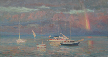Painting titled "Yachts" by Anatolii Korobkin, Original Artwork, Oil