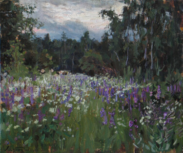 Painting titled "Evening lupines" by Anatolii Korobkin, Original Artwork, Oil