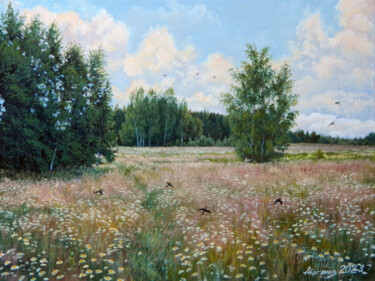 Painting titled "Ромашковые луга" by Anatolii Ergunov, Original Artwork, Oil Mounted on Wood Stretcher frame