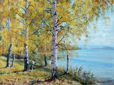 Painting titled "Осень на Волжских з…" by Anatolii Ergunov, Original Artwork, Oil Mounted on Wood Stretcher frame