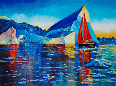 Painting titled "Red sail in the ice" by Anatoliy Korchinov, Original Artwork, Acrylic Mounted on Wood Stretcher frame