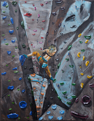 Painting titled "Woman rock climber" by Anatoliy Korchinov, Original Artwork, Acrylic Mounted on Wood Stretcher frame