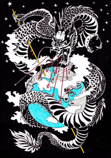 Drawing titled "Constellation Dragon" by Anatoliy Korchinov, Original Artwork, Marker