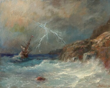 Painting titled "Shipwreck at the co…" by Anatoliy Nozdrin, Original Artwork, Oil