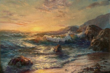 Painting titled "Evening wave`s smile" by Anatoliy Nozdrin, Original Artwork, Oil Mounted on Cardboard