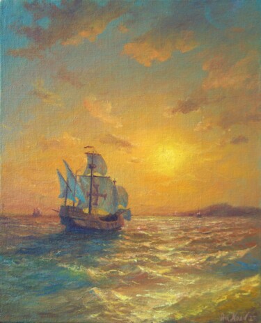 Pintura titulada "Caravella at sunset" por Anatoliy Nozdrin, Obra de arte original, Oleo