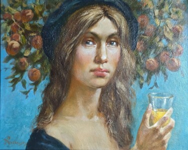 Painting titled "Lady with a Glass o…" by Anatoliy Rozhanskyy, Original Artwork, Oil Mounted on Wood Stretcher frame