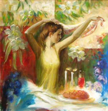 Malerei mit dem Titel "Mädchen im Garten" von Anatoliy Rozhanskyy, Original-Kunstwerk