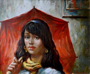 Malerei mit dem Titel "Madchen mit dem rot…" von Anatoliy Rozhanskyy, Original-Kunstwerk
