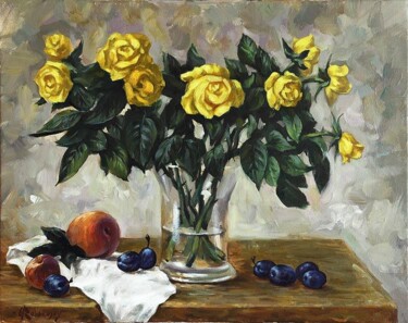 Malarstwo zatytułowany „Stilleben mit Rosen…” autorstwa Anatoliy Rozhanskyy, Oryginalna praca, Olej
