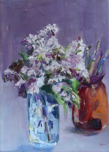 Lilac and brushes Pintura intitulada "Lilac and brushes" por Volha Milashevich, Obras de arte originais, Óleo