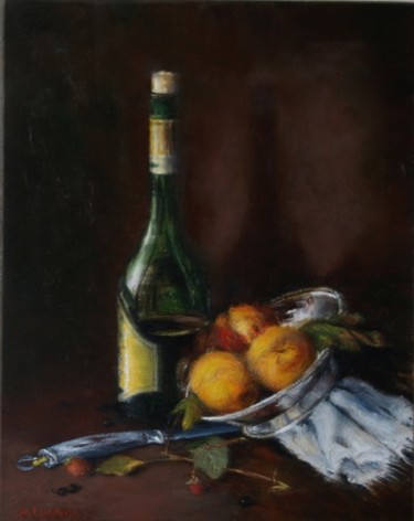 Painting titled "Botll and peaches" by Anatoly Usanov, Original Artwork