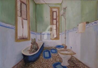Painting titled "Dog in the bathroom" by Ana Valentim, Original Artwork, Oil