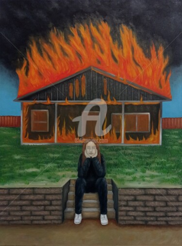 Malerei mit dem Titel "The house is on fir…" von Ana Valentim, Original-Kunstwerk, Öl Auf Keilrahmen aus Holz montiert