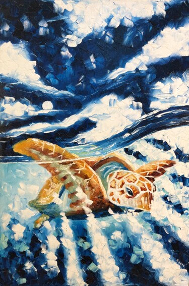「Serenity of the sea」というタイトルの絵画 Anayaによって, オリジナルのアートワーク, オイル ウッドストレッチャーフレームにマウント