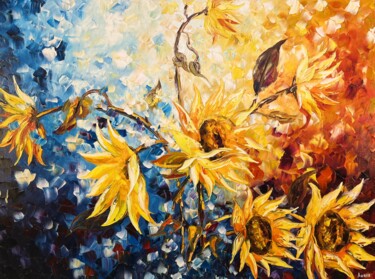 Painting titled "Sunflowers at Sunset" by Anaya, Original Artwork, Oil Mounted on Wood Stretcher frame