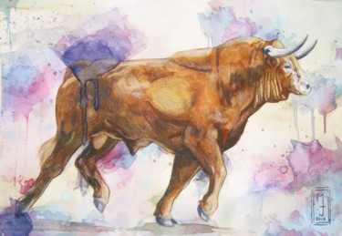Painting titled "Watercolor Bull" by Emejota, Original Artwork, Watercolor