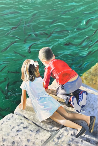 Painting titled "Niños en el muelle 1" by Benito Leal Gallardo, Original Artwork, Acrylic