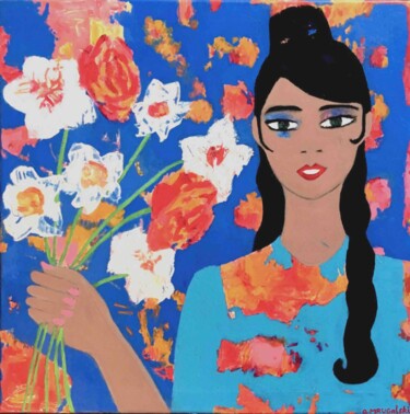 Pintura titulada "Chica flor" por Anda Mrugalski, Obra de arte original, Acrílico Montado en Bastidor de camilla de madera