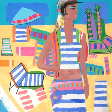 Painting titled "La plage" by Anda Mrugalski, Original Artwork, Acrylic Mounted on Wood Stretcher frame