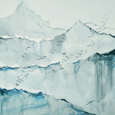 Schilderij getiteld "Misty mountains" door Andjela Milosevic, Origineel Kunstwerk, Aquarel Gemonteerd op Frame voor houten b…
